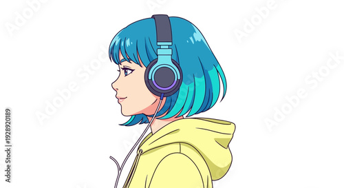 Teen girl wearing blue headphones and yellow hoodie listens to music