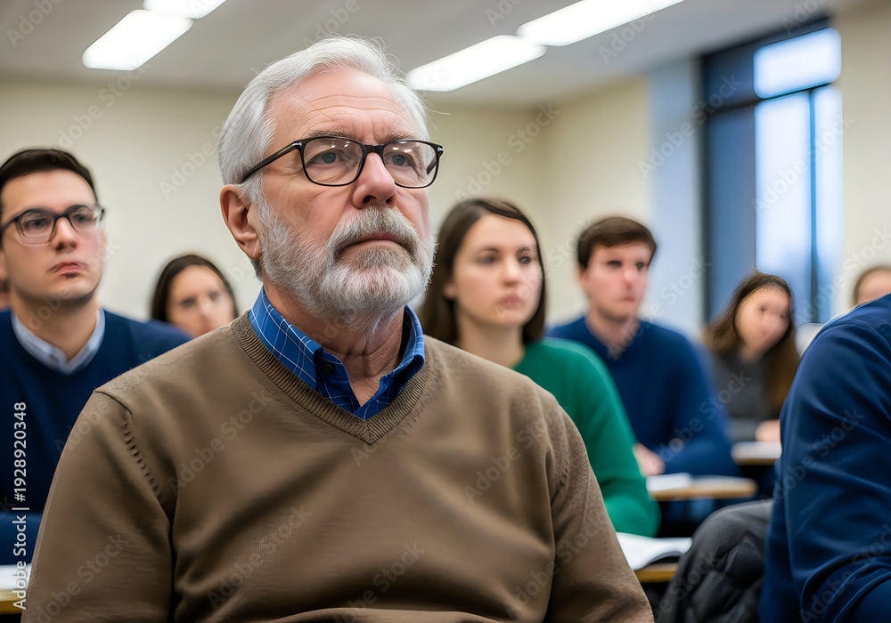 Fototapeta premium Elderly man attentively listening during a classroom lecture with students in background