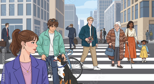 People cross street with dog in city urban landscape scene daily