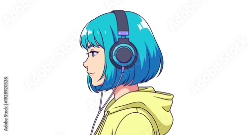 Teenager wearing blue headphones and yellow hoodie listens to music