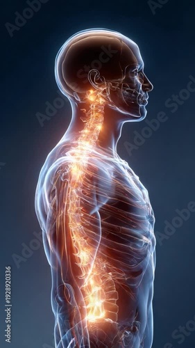 Anatomy of the spine: A detailed depiction of the human spine and surrounding skeletal structure illuminates its intricate components.