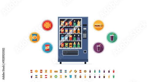Blue vending machine filled with assorted snacks and drinks surrounded by colorful circular icons of food items and beverages.
