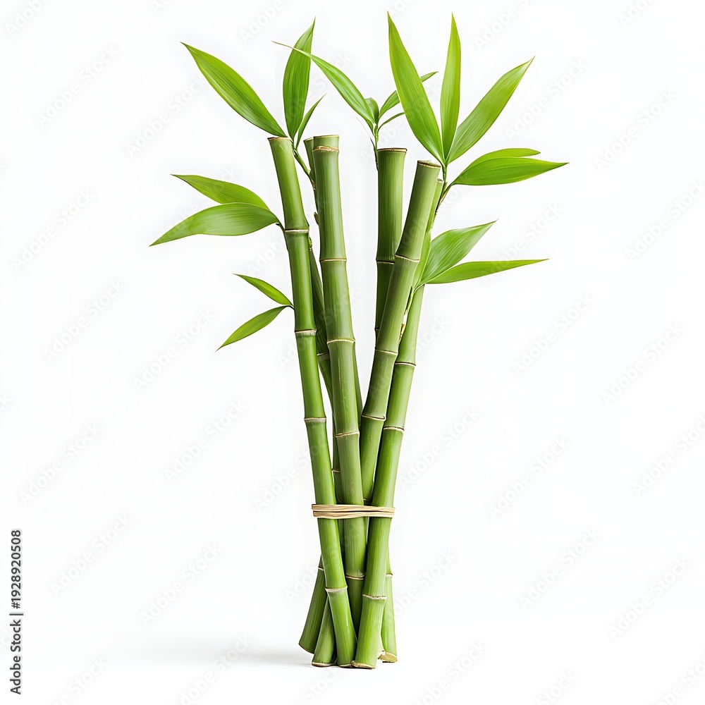 Fototapeta premium Fresh Bamboo Stalks with Green Leaves on White Background for Tranquil Nature Decor