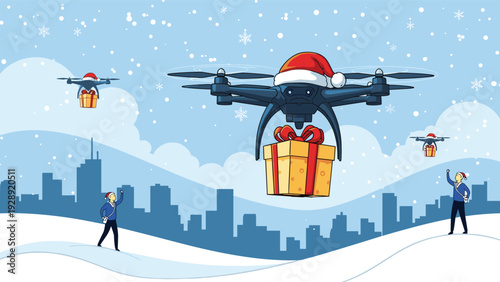Modern drone delivery service transporting Christmas gifts over a snowy city landscape with people waving from below.