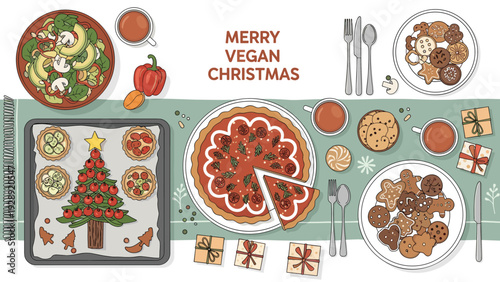 Beautifully arranged top-down view of a vegan Christmas dinner table with festive plant-based dishes, treats, and gifts.
