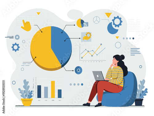 Woman sitting on bean bag chair working on laptop with pie chart and graphs around her analyzing data and statistics in a modern workspace