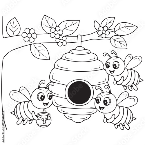 Cute Cartoon Bees Making Honey