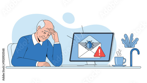 Stressed senior man holding his head in despair while looking at a computer screen showing a virus and warning alert.