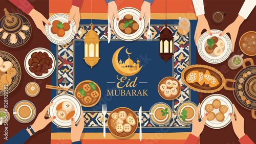 Aerial view of a rich and diverse Eid Mubarak dinner table with various traditional dishes, lanterns, and people sharing a meal.