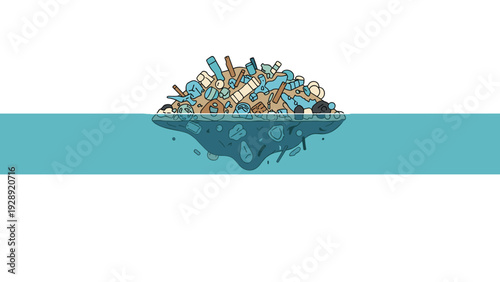 Environmental illustration of a massive island made of plastic waste and trash floating on the surface and beneath the ocean water.