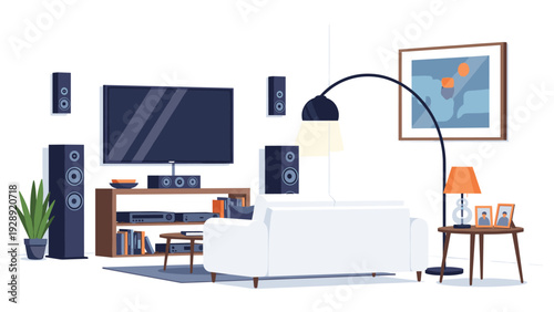 Modern home cinema room interior featuring a large flat-screen television, high-quality audio speakers, a sofa, and stylish decor.