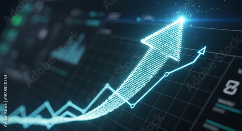 Glowing blue arrow graph showing upward trend on digital screen.