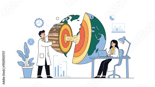 Professional scientists in lab coats examine the internal structure and geological layers of the Earth using a large cross-section model.