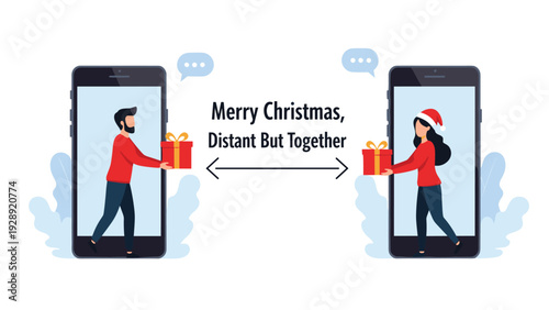 Man and woman exchange Christmas presents through their smartphone screens symbolizing virtual celebration and connection during the holidays.