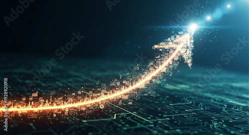 Glowing Arrow of Light Ascending Through Digital Landscape.