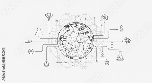 Global scientific research network diagram with interconnected symbols.