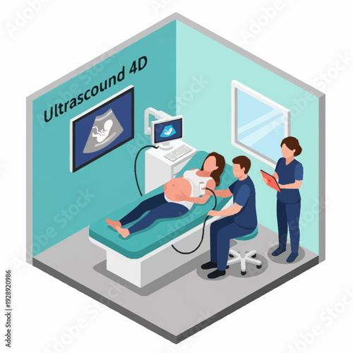 Medical professionals conducting an ultrasound examination in a modern clinic.