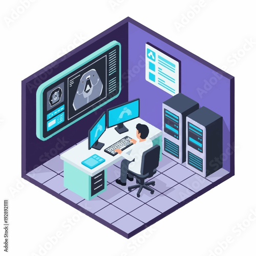 Man working on computer in a server room with data center equipment.