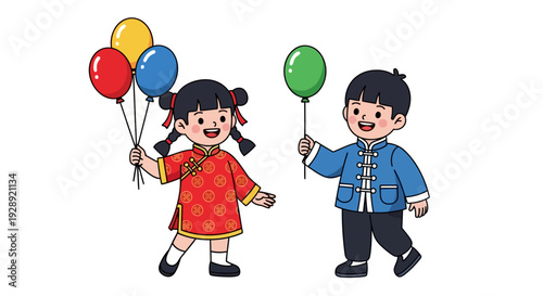 Children in traditional attire holding colorful balloons and walking together happily outdoors