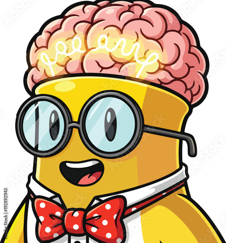 Genius Brain Character with Lightbulb Filament and Glasses Wearing Bowtie