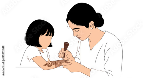 Woman applying henna on little girl's arm during Ramadan celebration at home
