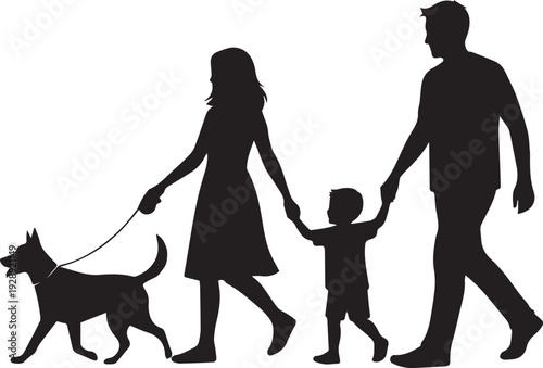 Silhouette of a Happy Family Walking with Their Dog and Child Isolated on - stock vector.