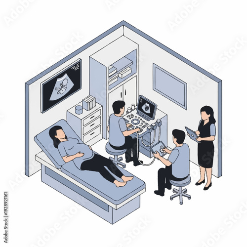 Pregnant woman undergoing ultrasound scan in medical clinic.