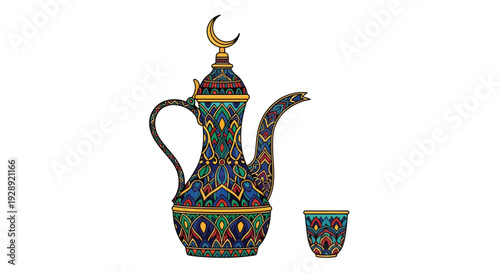 Ramadan traditional Arabic coffee pot and cup illustration with crescent moon
