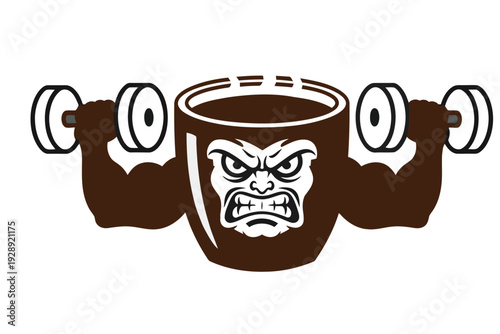 A funny monster face mask illustration featuring a cartoon man drinking a hot chocolate espresso from a brown cafe mug set