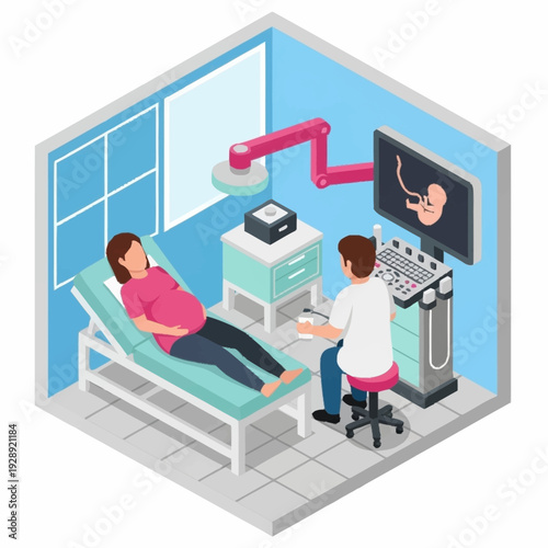 Medical examination room with doctor and patient undergoing endoscopy procedure.