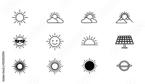 A set of minimalist sun and solar system icons in flat line art style