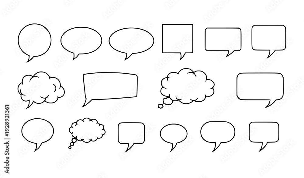 Fototapeta premium A set of various speech bubbles and thought clouds in a simple line art style