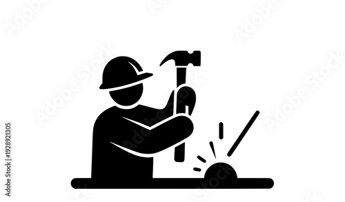 A black silhouette of a construction worker hammering a nail