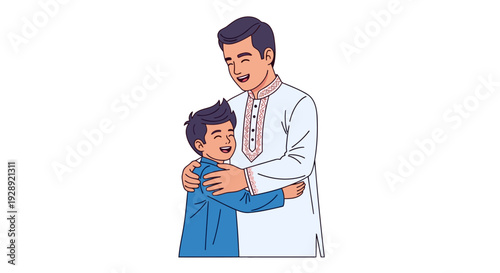 Father and son in traditional clothes embracing warmly on ramadan