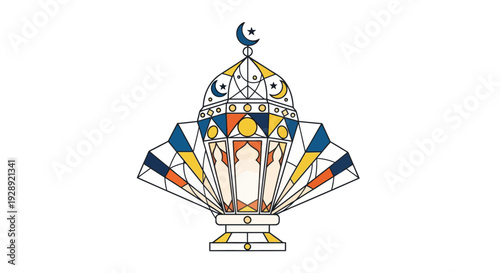 Vibrant lantern with crescent moon and star shines brightly on white background during ramadan