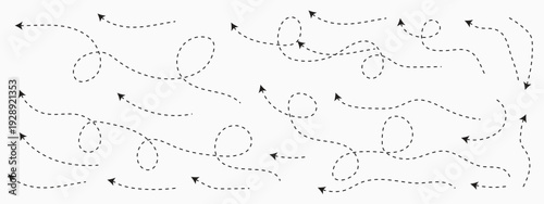 Hand drawn curved dashed arrows collection, doodle elements, vector eps10 illustration