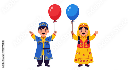 Children in traditional attire hold balloons during ramadan celebration outdoors happily