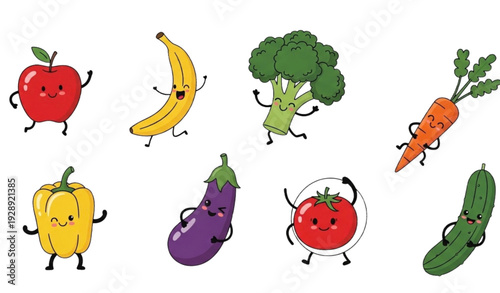 A colorful vector illustration of happy vegetables and fruits