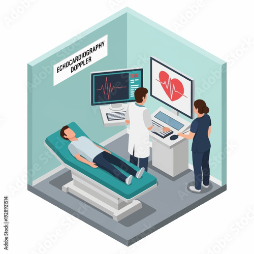 Medical professionals conducting an echocardiography examination on a patient.