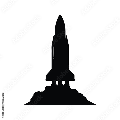 rocket on launch pad silhouette vector illustration, Space exploration launch with powerful rocket blasting off from launchpad silhouette vector illustration