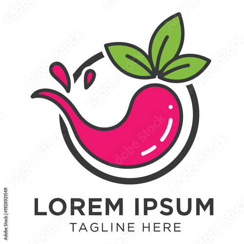 Pink juice splash with green leaves and sample text logo template icon