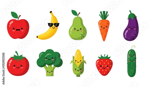 A colorful vector illustration of smiling fruits and vegetables