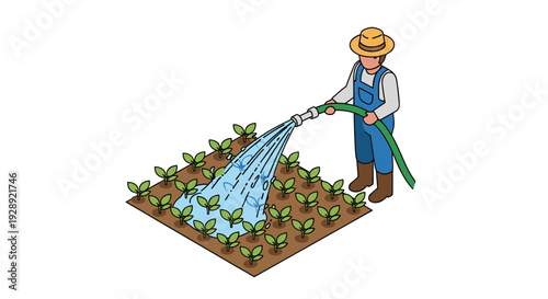 Farmer Watering Plants with Hose in Garden.