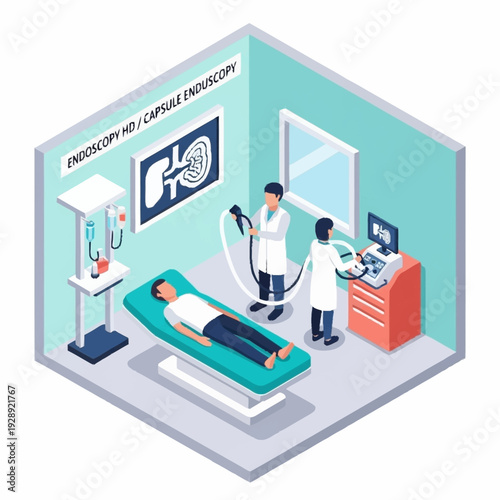 Medical illustration of a doctor performing an endoscopy on a patient.