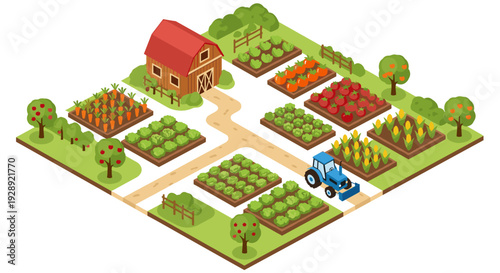 Farmhouse with Tractor and Vegetable Gardens.