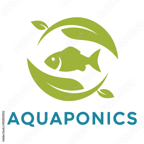 Aquaponics logo design with fish and leaves on white background icon