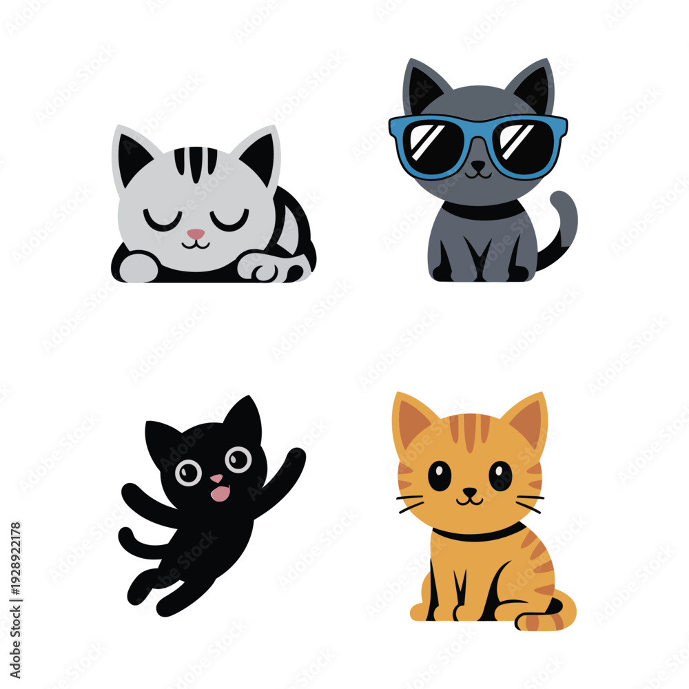Obraz premium Cute grey and orange kittens set with playful poses and smiling faces, cartoon pet illustration for children sticker pack design