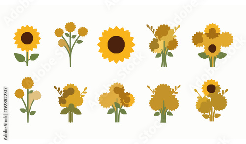 Summer sunflower flat icon set single flower and bouquet vector collection isolated on white