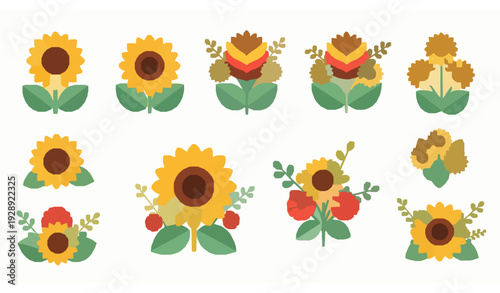 Decorative summer sunflower bouquet elements flat floral vector icons collection