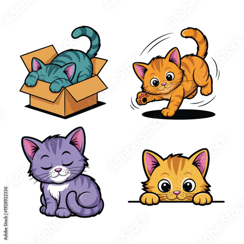 Playful kitten set with cats jumping, hiding in box and sitting, cute sticker vector for kids room decor and party